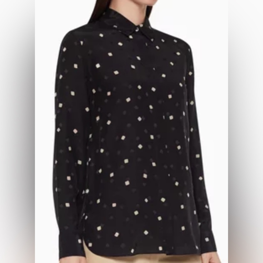 Theory Classic Silk Button Down Shirt Blouse Black Square Print Size M Petite